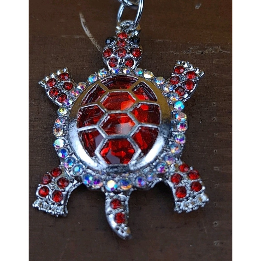 Turtle Red Rhinestone Crystal Silver Tone Keychain Backpack Purse Clip - Picture 2 of 6